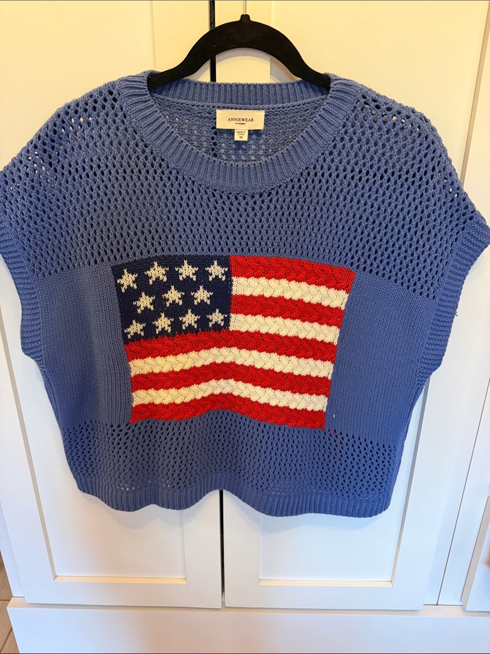 ANNESWEAR Blue Open-Knit Crewneck Sweater Vest with Flag Panel